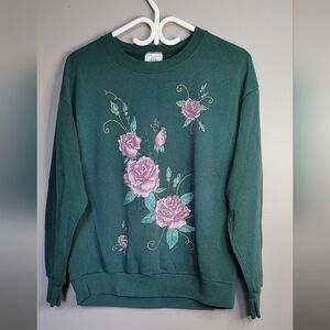 Vintage Floral Green Crewneck Sweatshirt L